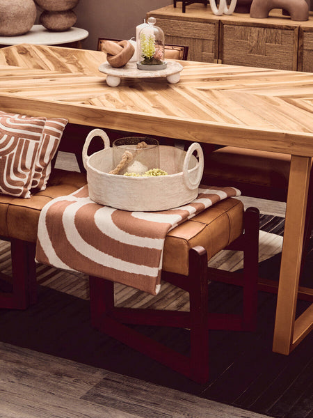 Natural Teak Wood Dining Table with Herringbone Top and Gold Finish Metal Frame | Kendari