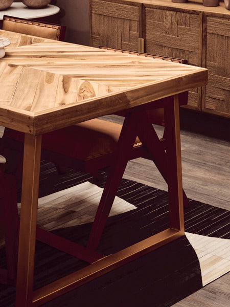 Natural Teak Wood Dining Table with Herringbone Top and Gold Finish Metal Frame | Kendari