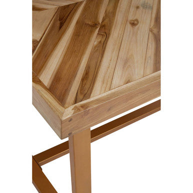 Natural Teak Wood Dining Table with Herringbone Top and Gold Finish Metal Frame | Kendari