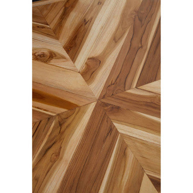 Natural Teak Wood Dining Table with Herringbone Top and Gold Finish Metal Frame | Kendari