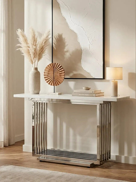 Moda White Marble Effect Console Table with Silver Finish Base