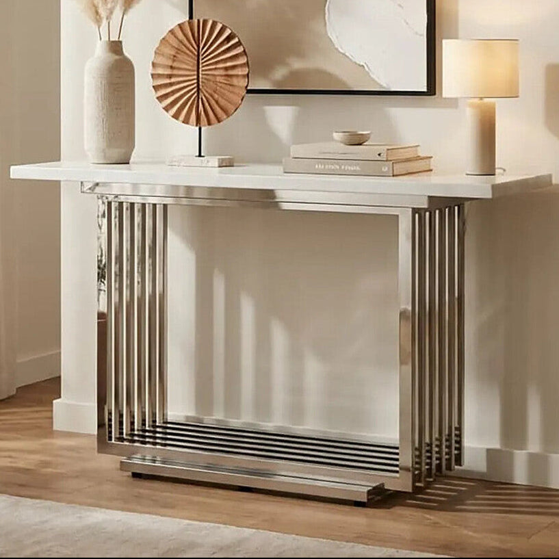Moda White Marble Effect Console Table with Silver Finish Base