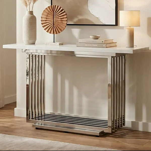 Moda White Marble Effect Console Table with Silver Finish Base