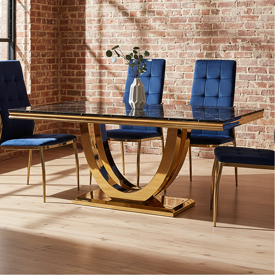 Moda Black Marble Effect Rectangular Dining Table with Gold Finish Base