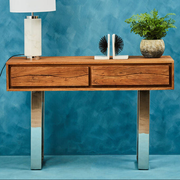 Brown Warm Toned Acacia Wood Two-Drawer Console Table with Silver Stainless Steel Legs | Simla