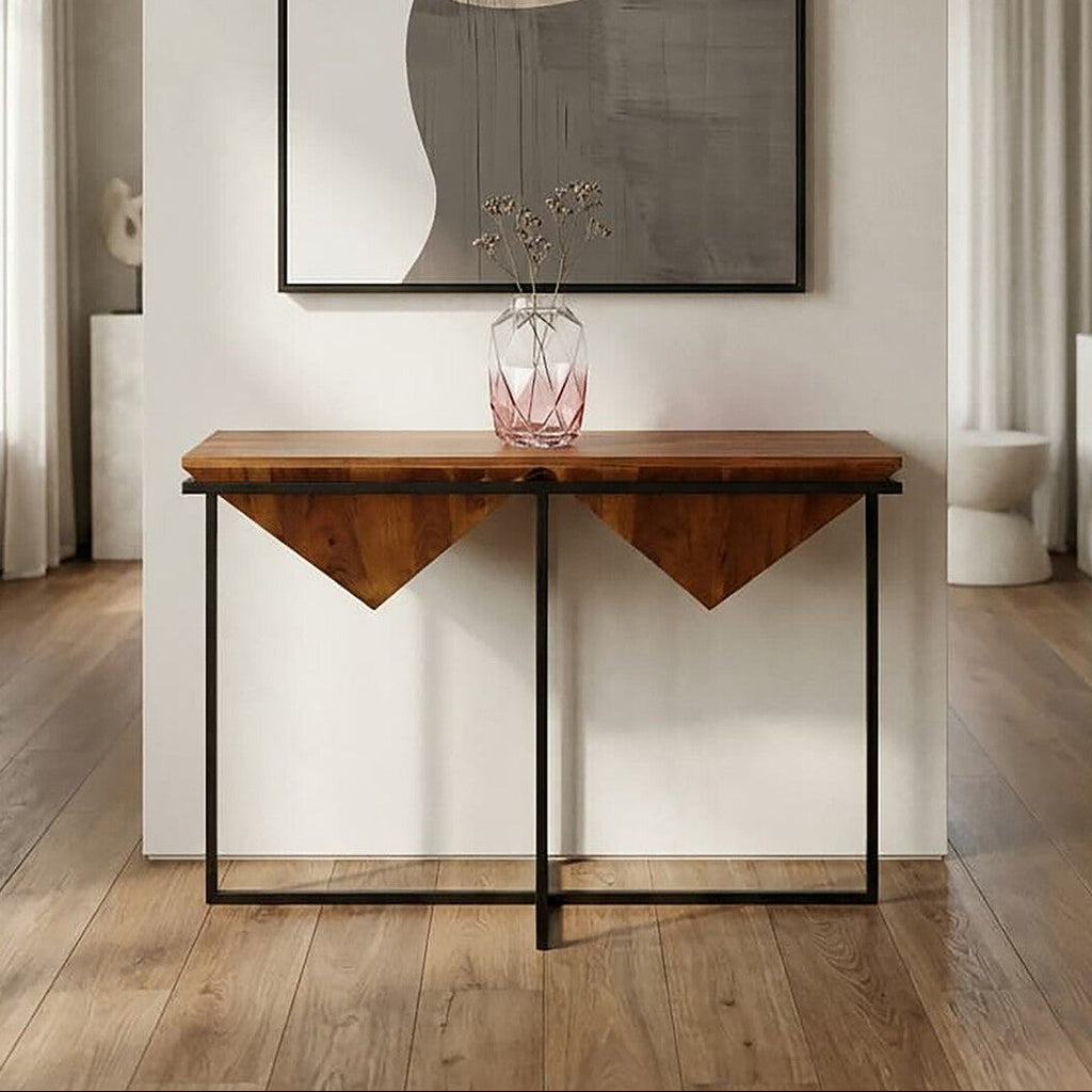 Brown Acacia Wood Pyramid Style Console Table with Black Metal Frame | Shimla
