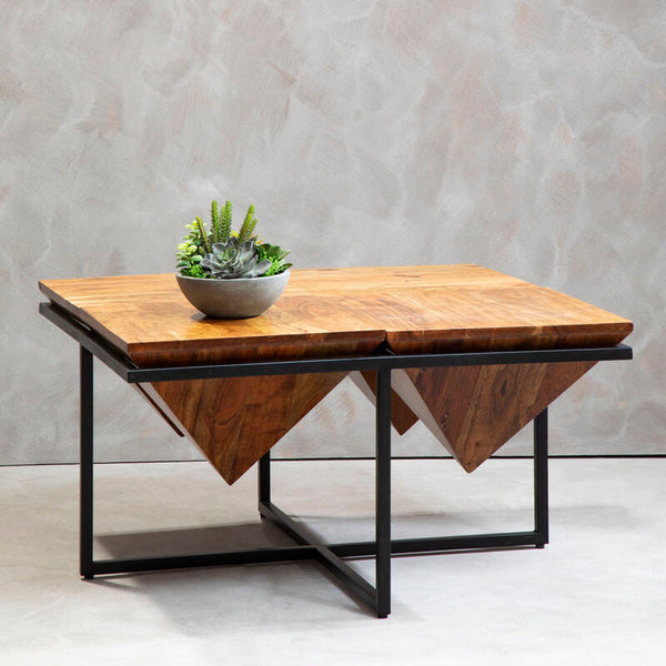 Brown Acacia Wood Pyramid Style Coffee Table with Black Metal Frame | Shimla