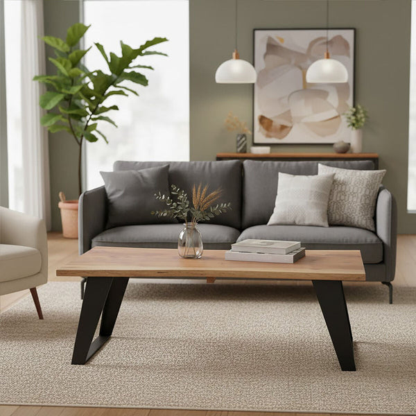 Live Edge Acacia Wood Top Coffee Table with Black Iron Legs | Surax