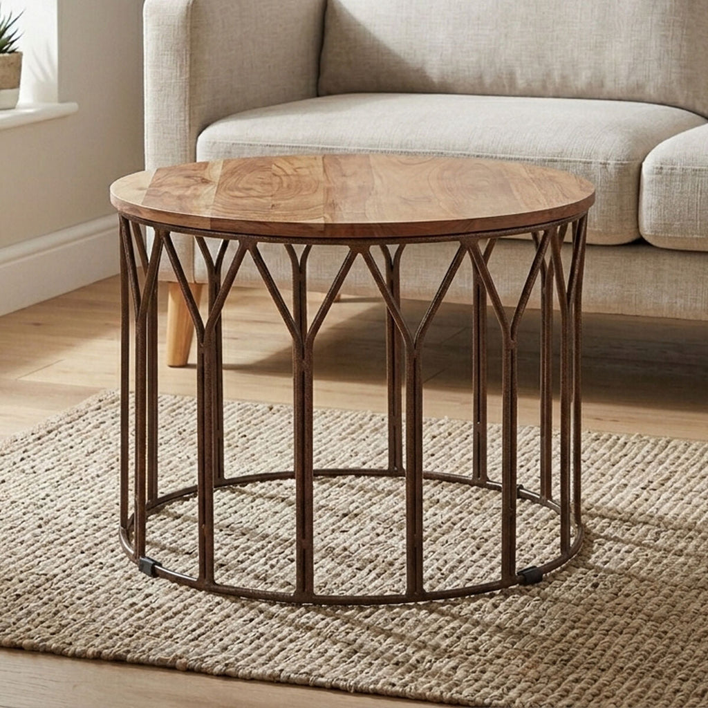 Boho Natural Acacia Wood and Metal Round Coffee Table