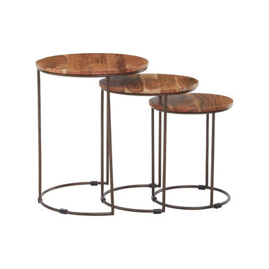 Boho Natural Acacia Wood and Metal Set of 3 Nesting Tables
