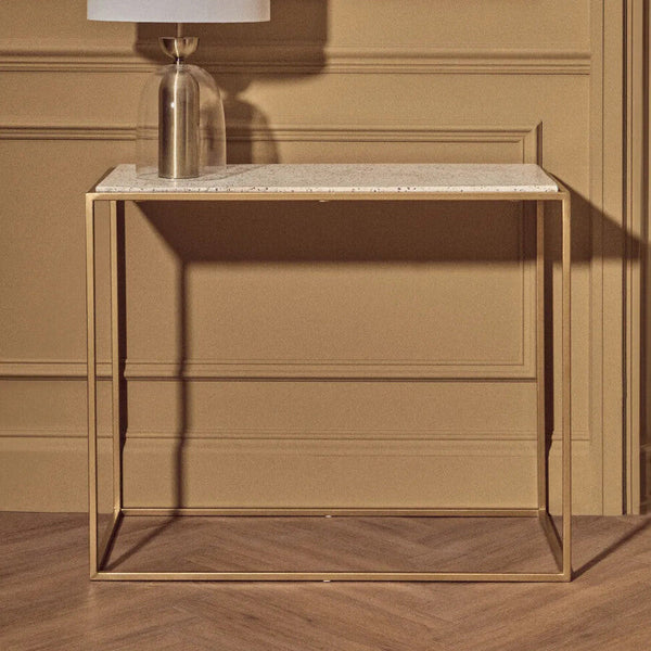 Gold Finish Metal Console Table with White Marble Rectangular Top | Templar