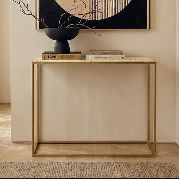Gold Finish Metal Console Table with White Marble Rectangular Top | Templar