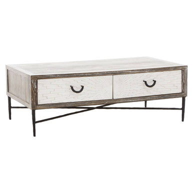 Dark Mud Grey Recycled Elm Wood Coffee Table with Two Storage Drawers and Metal Frame | Milan
