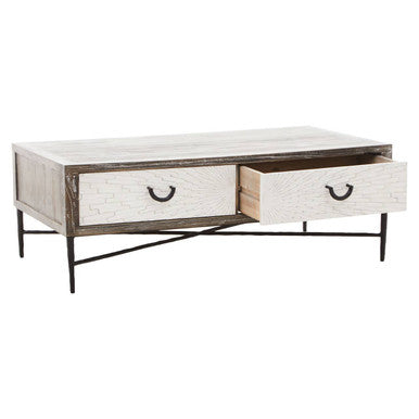 Dark Mud Grey Recycled Elm Wood Coffee Table with Two Storage Drawers and Metal Frame | Milan