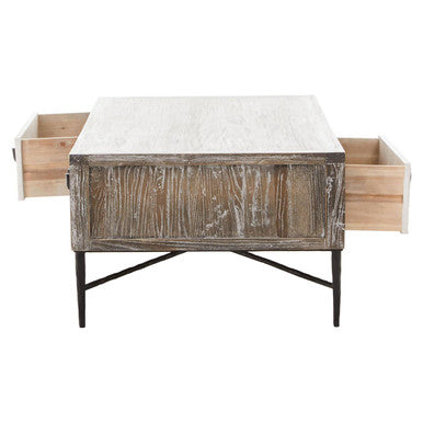 Dark Mud Grey Recycled Elm Wood Coffee Table with Two Storage Drawers and Metal Frame | Milan