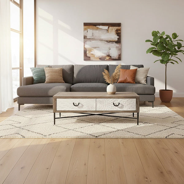 Dark Mud Grey Recycled Elm Wood Coffee Table with Two Storage Drawers and Metal Frame | Milan