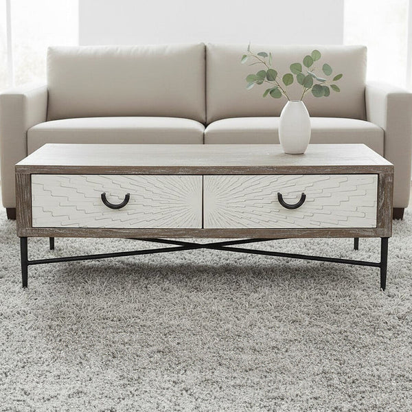 Dark Mud Grey Recycled Elm Wood Coffee Table with Two Storage Drawers and Metal Frame | Milan