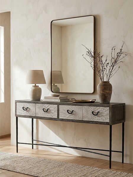 Milan Grey Recycled Elm Wood 4 Drawer Console Table