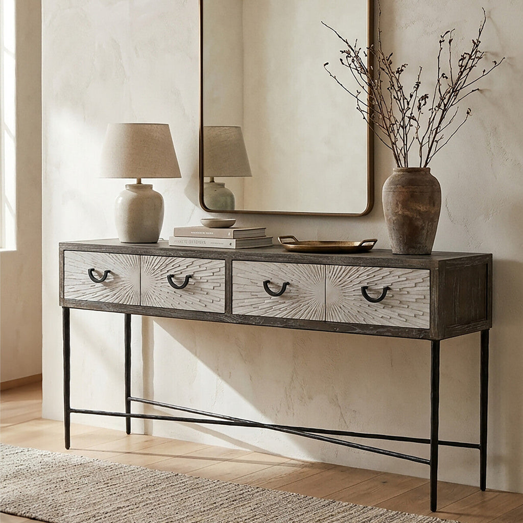 Milan Grey Recycled Elm Wood 4 Drawer Console Table