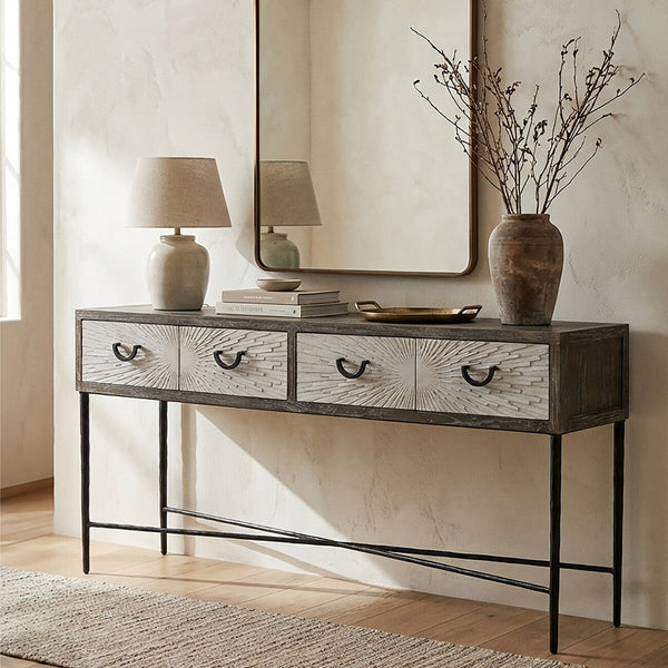 Milan Grey Recycled Elm Wood 4 Drawer Console Table