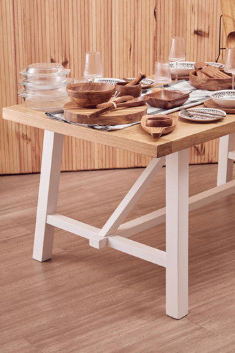 Natural Reclaimed Oak and Birch Wood Rectangular Dining Table with White Painted Base | Parkside