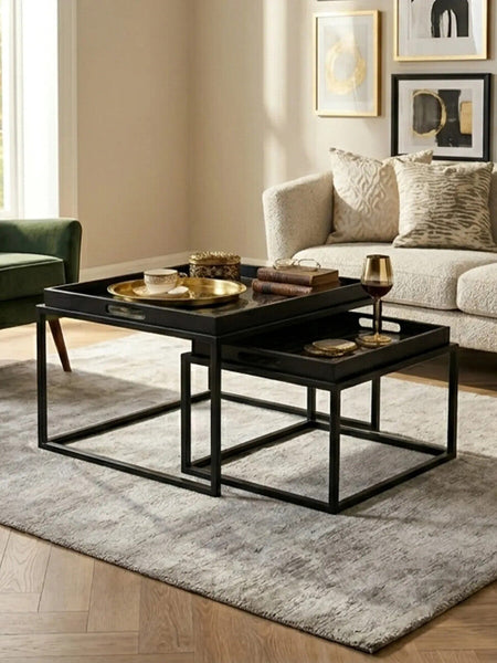 Celina Black and Gold Agate Effect Set of 2 Nesting Tray Tables