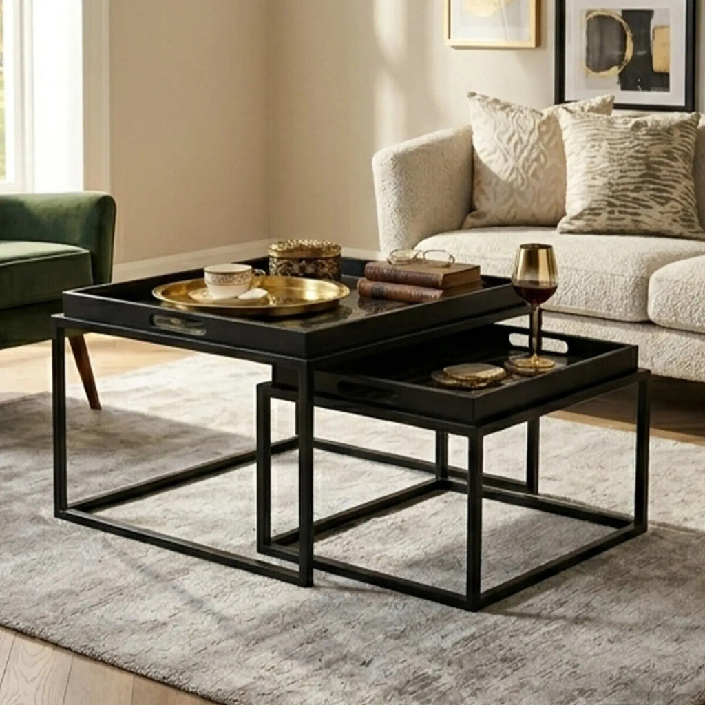 Celina Black and Gold Agate Effect Set of 2 Nesting Tray Tables