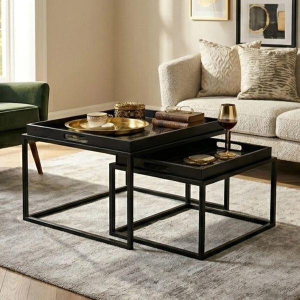 Celina Black and Gold Agate Effect Set of 2 Nesting Tray Tables