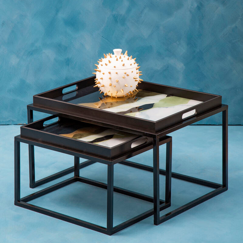 Celina Multi Coloured Brushstroke Design Set of 2 Nesting Tray Tables