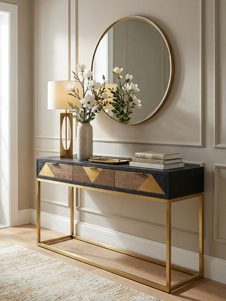 Siena Natural and Black Oak Wood Console Table with Drawers