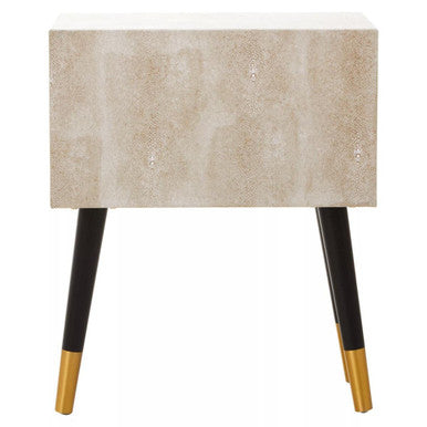 Natural Faux Shagreen Effect 2-Drawer Bedside Table with Gold Accents and Black Angular Legs, Cadio
