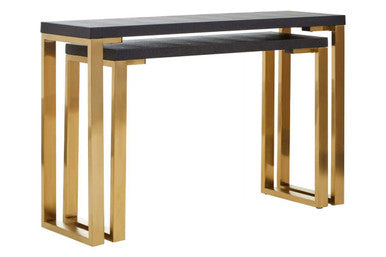 Set of Two Black Shagreen Effect Rectangular Console Tables with Gold Finish Base | Cardoba