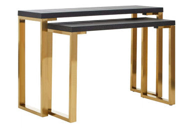 Set of Two Black Shagreen Effect Rectangular Console Tables with Gold Finish Base | Cardoba