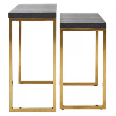 Set of Two Black Shagreen Effect Rectangular Console Tables with Gold Finish Base | Cardoba