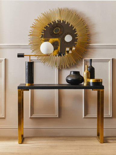 Set of Two Black Shagreen Effect Rectangular Console Tables with Gold Finish Base | Cardoba