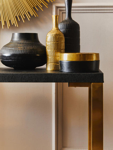 Set of Two Black Shagreen Effect Rectangular Console Tables with Gold Finish Base | Cardoba