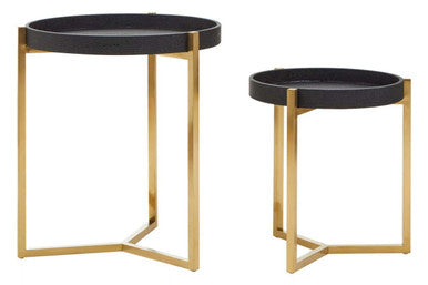 Set of 2 Black Shagreen Effect Tray Tables with Gold Finish Legs and Raised Edges | Cardoba