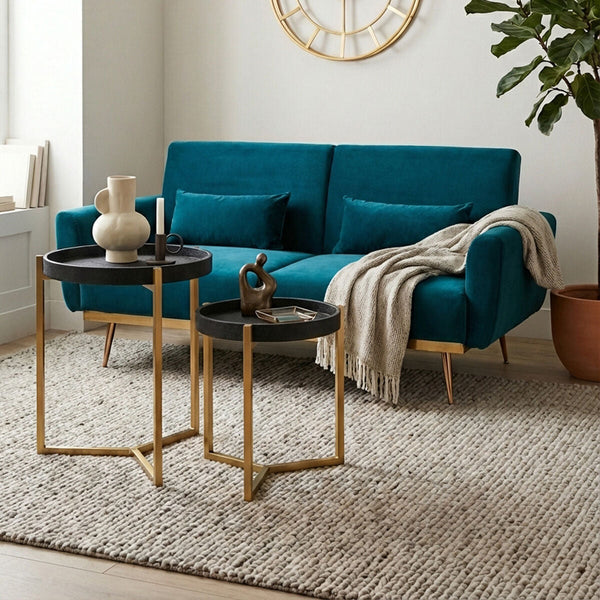 Set of 2 Black Shagreen Effect Tray Tables with Gold Finish Legs and Raised Edges | Cardoba