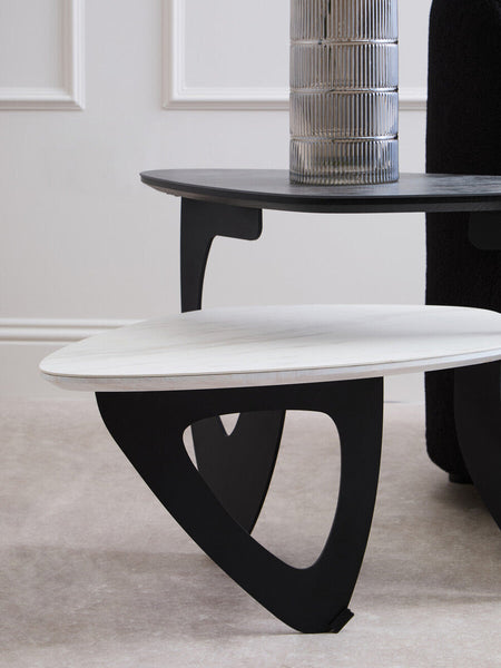 Imperia White Ceramic 2 Tier Asymmetrical Small Coffee Table