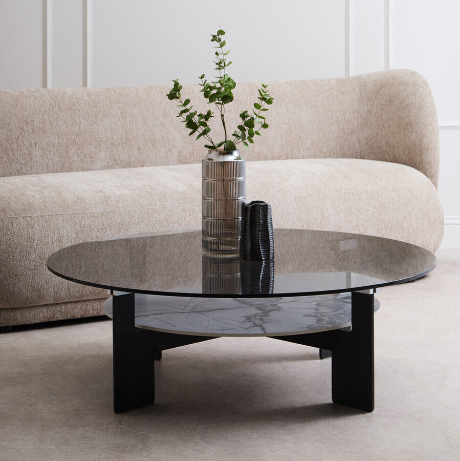 Imperia Grey Glass and White Ceramic Large Round Coffee Table