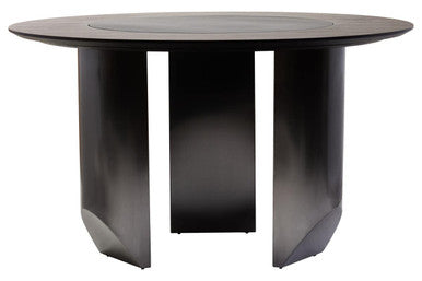 Black Round Veneer Dining Table with Integrated Ceramic Lazy Susan and Brushed Steel Legs | Imperia
