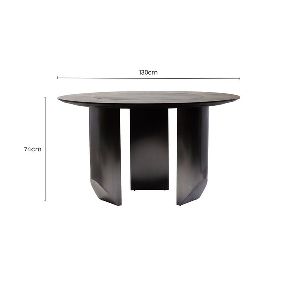 Black Round Veneer Dining Table with Integrated Ceramic Lazy Susan and Brushed Steel Legs | Imperia