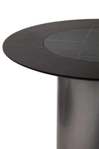 Black Round Veneer Dining Table with Integrated Ceramic Lazy Susan and Brushed Steel Legs | Imperia