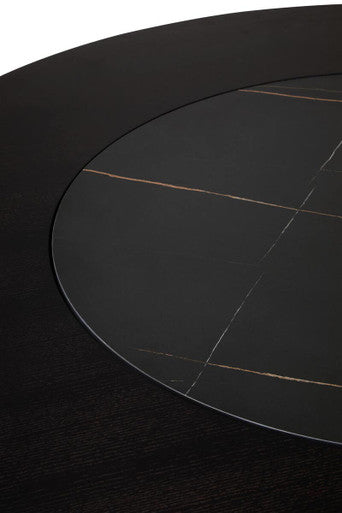Black Round Veneer Dining Table with Integrated Ceramic Lazy Susan and Brushed Steel Legs | Imperia