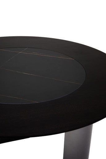 Black Round Veneer Dining Table with Integrated Ceramic Lazy Susan and Brushed Steel Legs | Imperia
