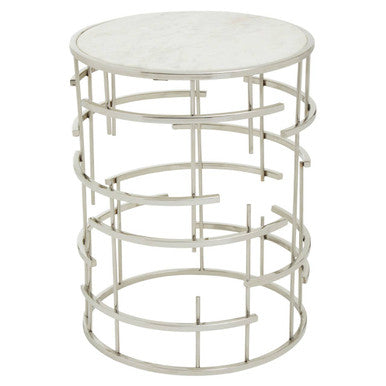 White Round Marble Top Side Table with Silver Open Frame Metal Base | Jaipur