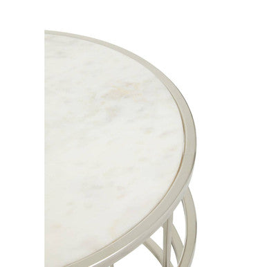 White Round Marble Top Side Table with Silver Open Frame Metal Base | Jaipur