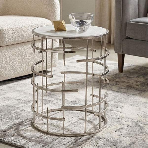 White Round Marble Top Side Table with Silver Open Frame Metal Base | Jaipur