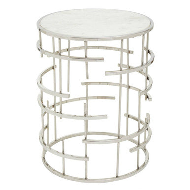 White Round Marble Top Side Table with Silver Open Frame Metal Base | Jaipur