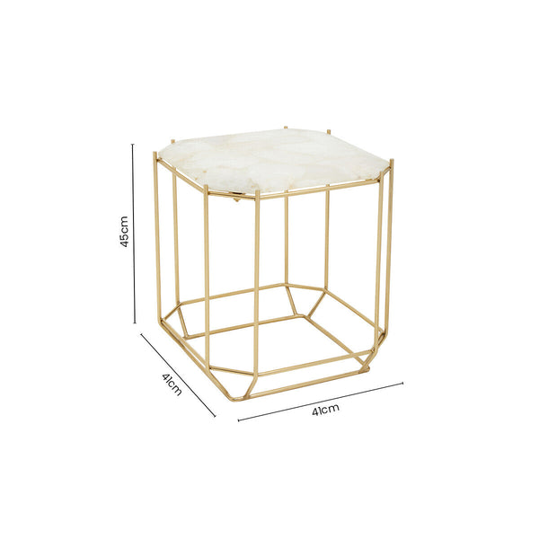 White Octagonal Stone Quartz Top Side Table with Warm Metallic Angular Base, Jaipur